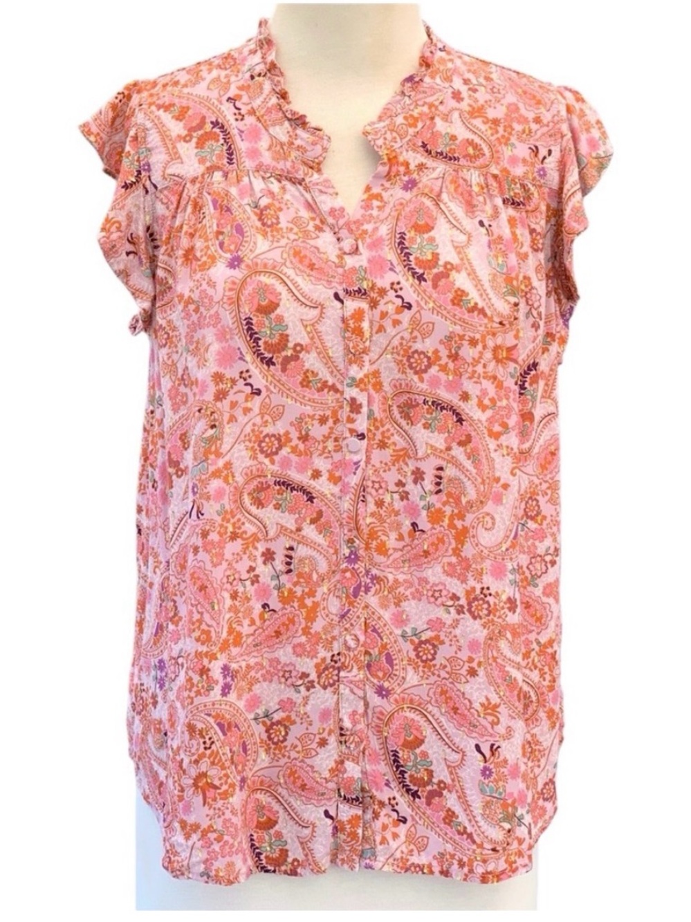 Love Stitch Pink Orange Paisley Floral Flutter Sleeve Boho Top ~ Women’s Large
